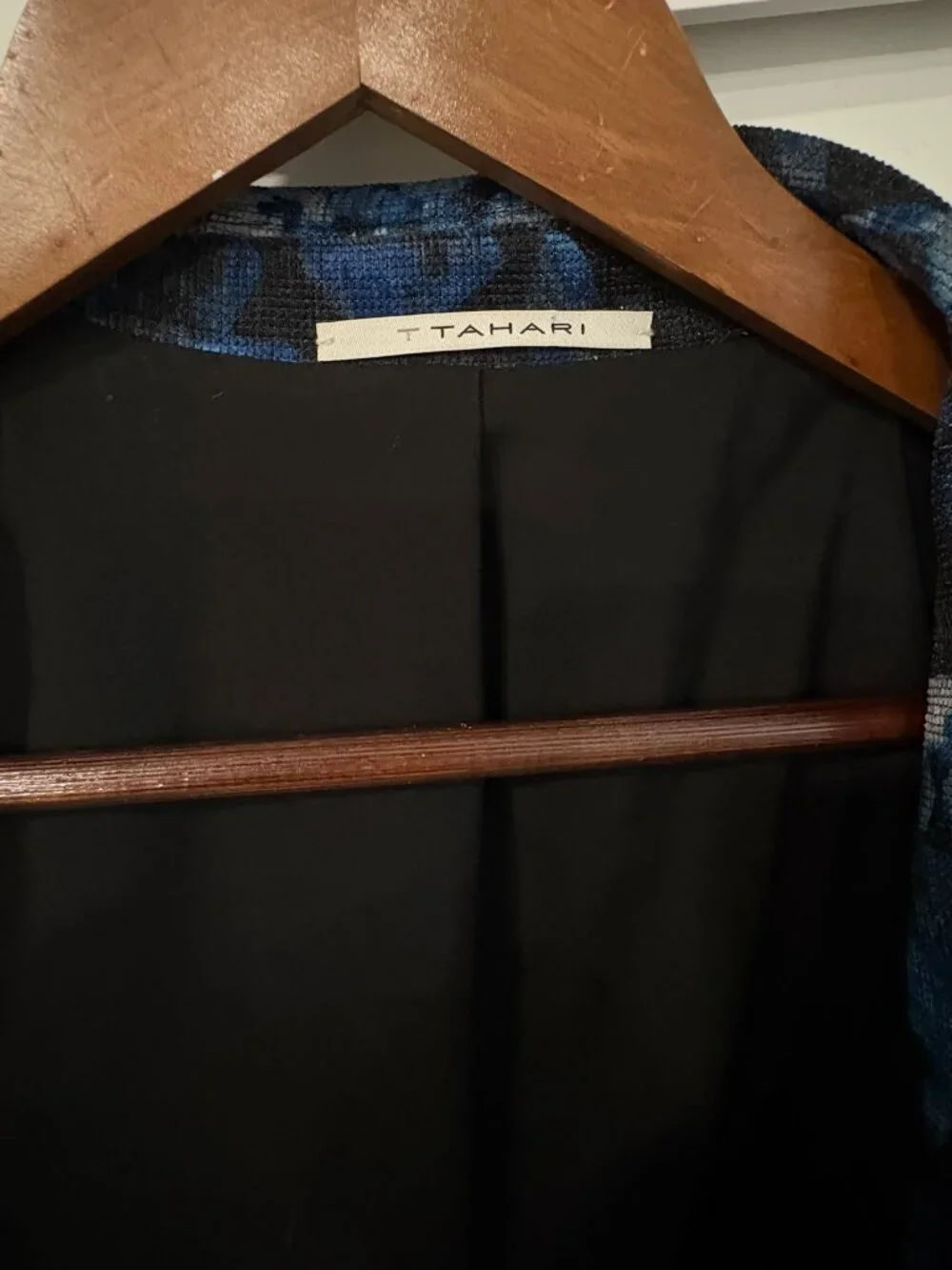 Tahari Blue Floral Textured Blazer Black Lace Tailored Dark Cottagecore Jacket M
